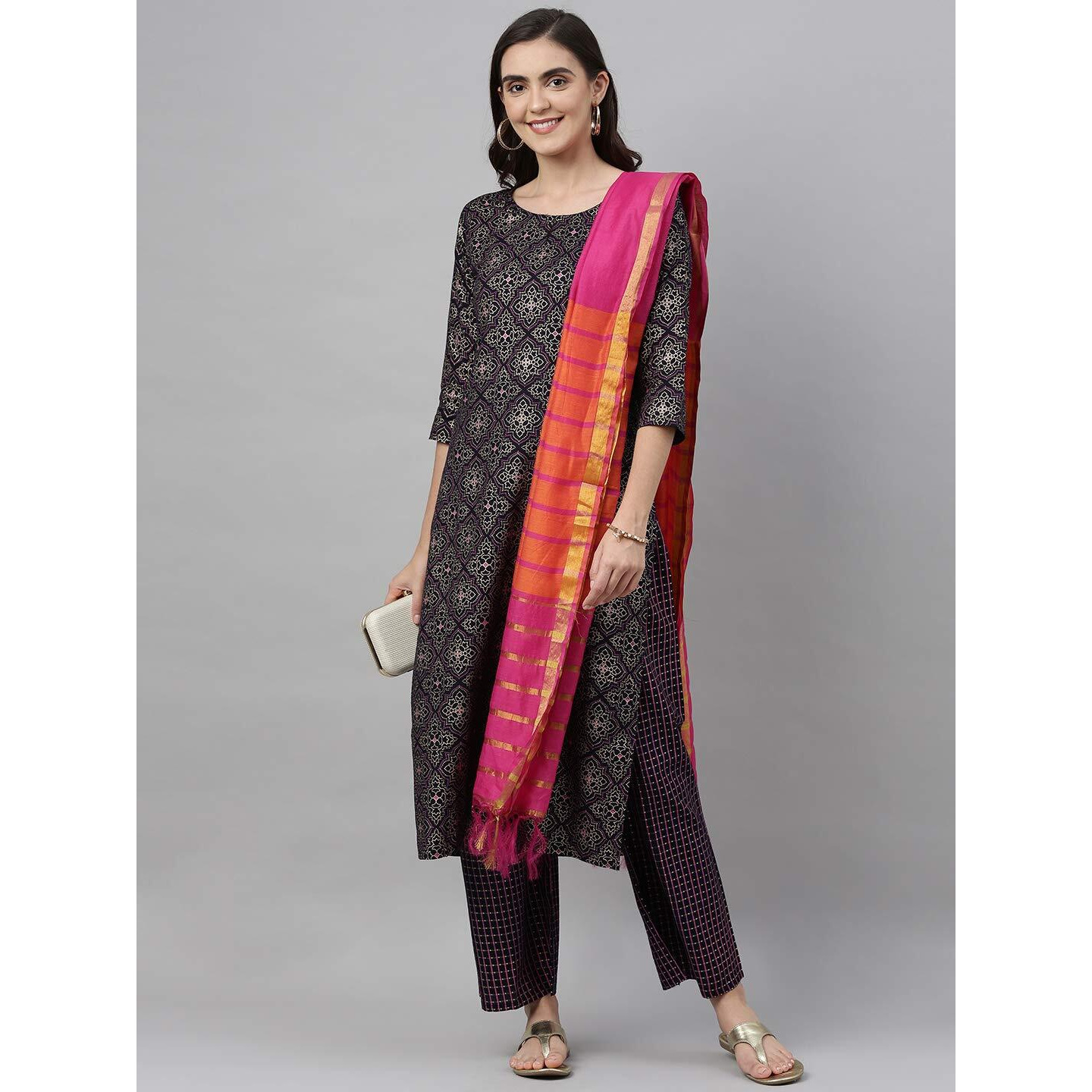Gosriki Women's Cotton Kurta, Palazzos And Dupatta (Client-Navy Blue_L-Go_Dark Large)