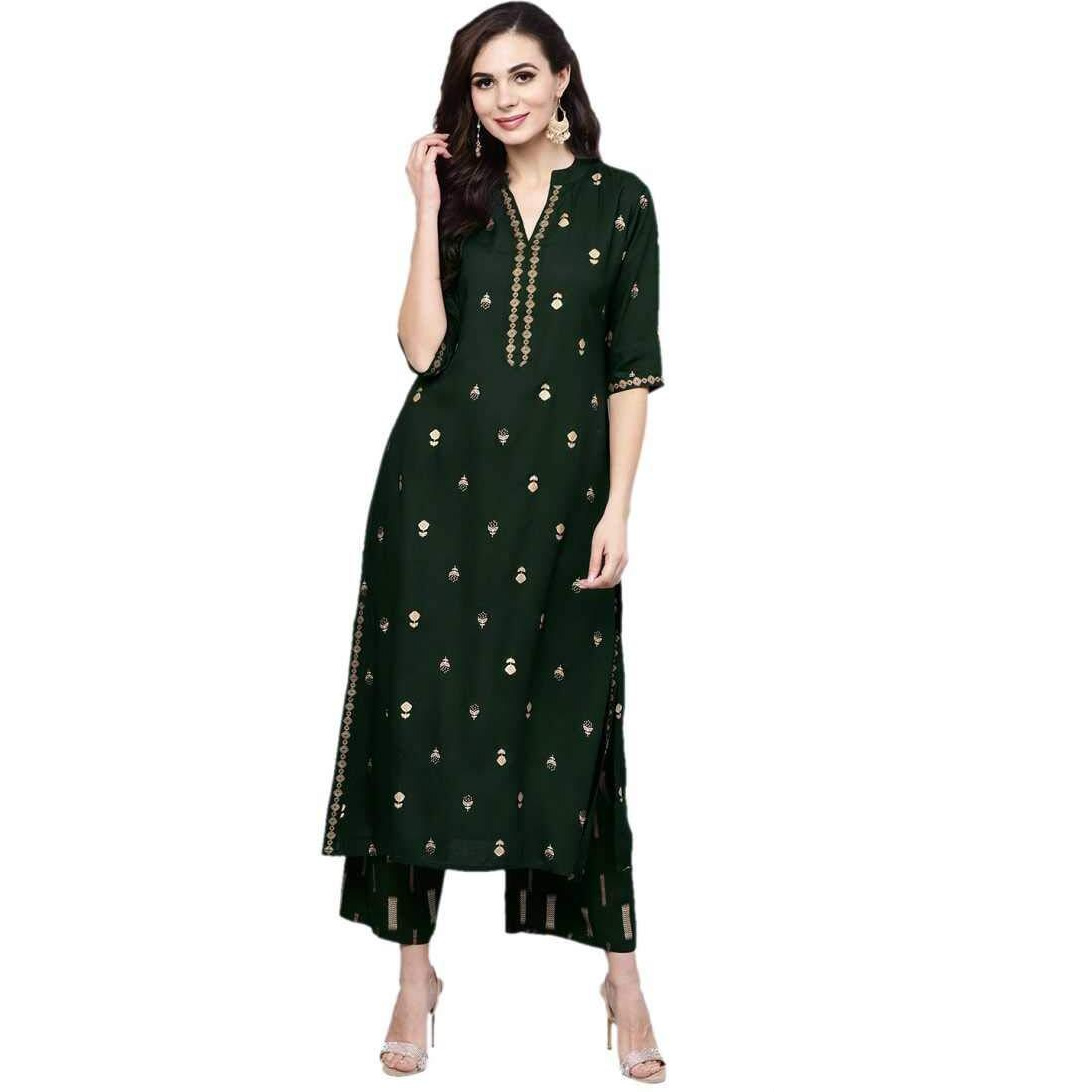 Gosriki Women's Rayon Printed Straight Kurta With Palazzo Set (Presha Green_Xl)