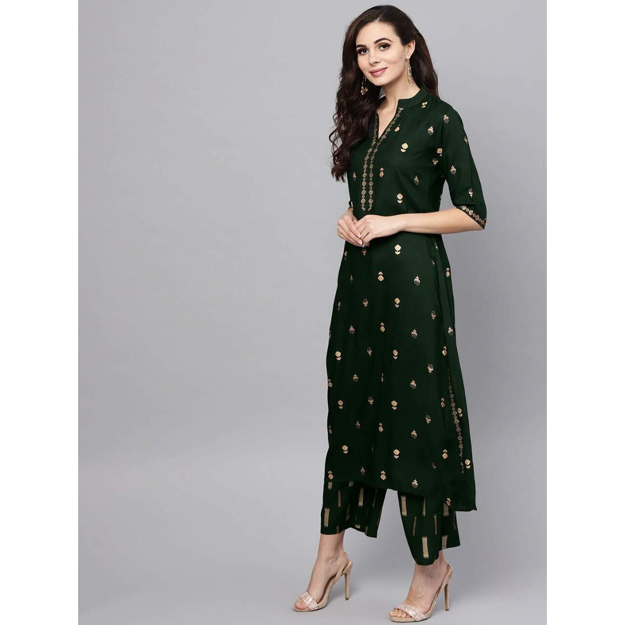 Gosriki Women's Rayon Printed Straight Kurta With Palazzo Set (Presha Green_Xl)