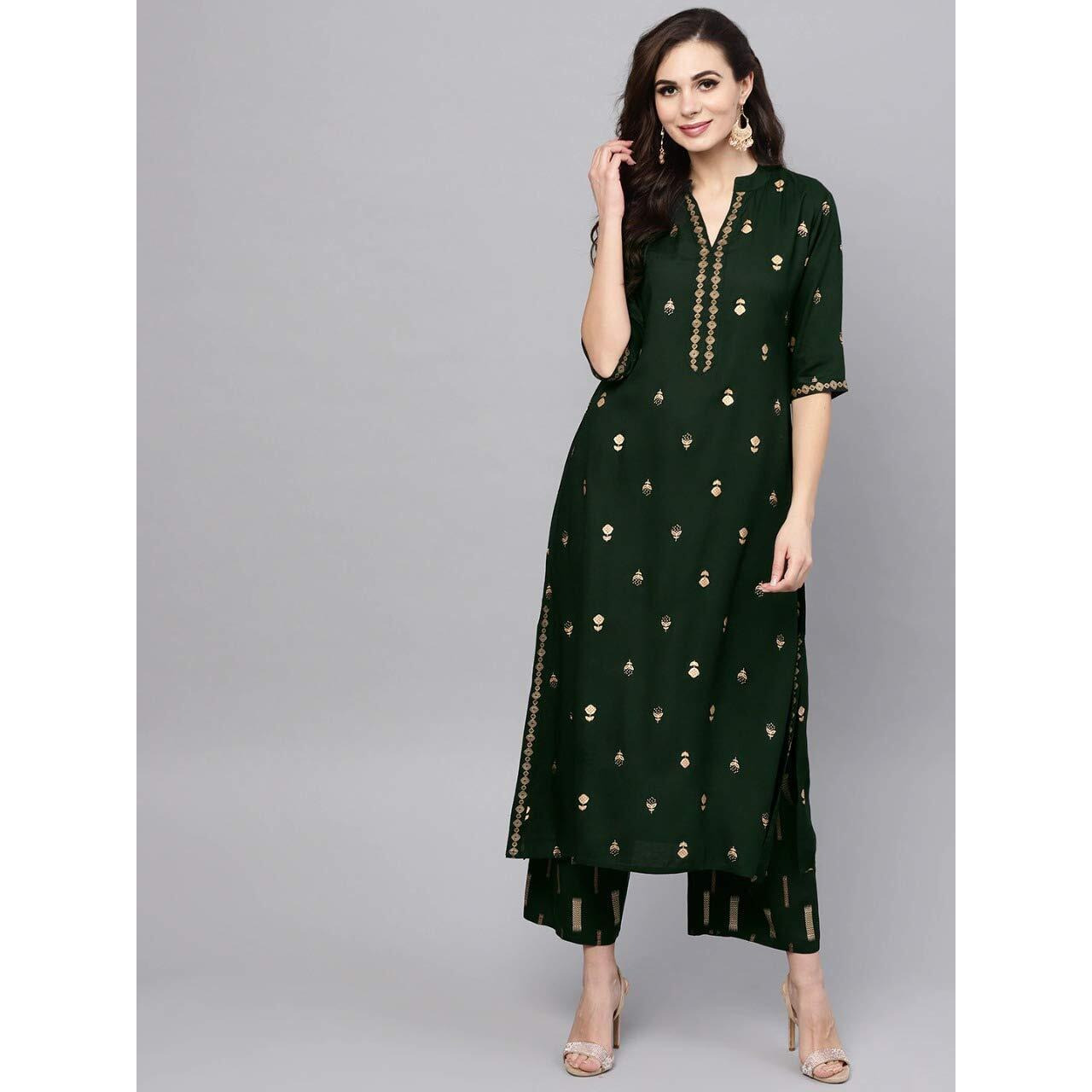 Gosriki Women's Rayon Printed Straight Kurta With Palazzo Set (Presha Green_Xl)