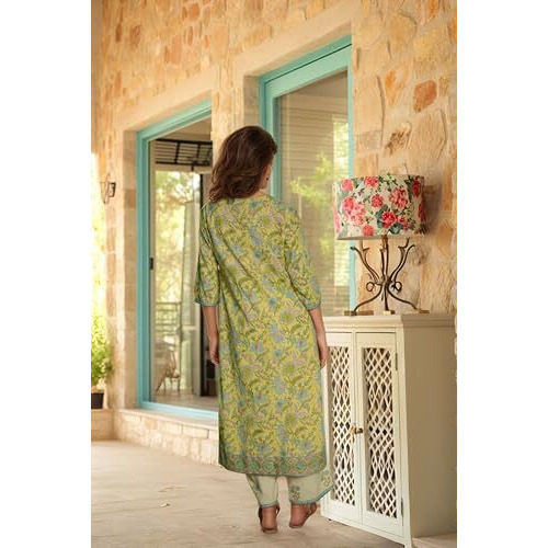 Gosriki Women's Rayon Viscose Straight Printed Kurta With Pant & Dupatta (Ribas Green-Vks02-Gs_Xl_Green_X-Large)