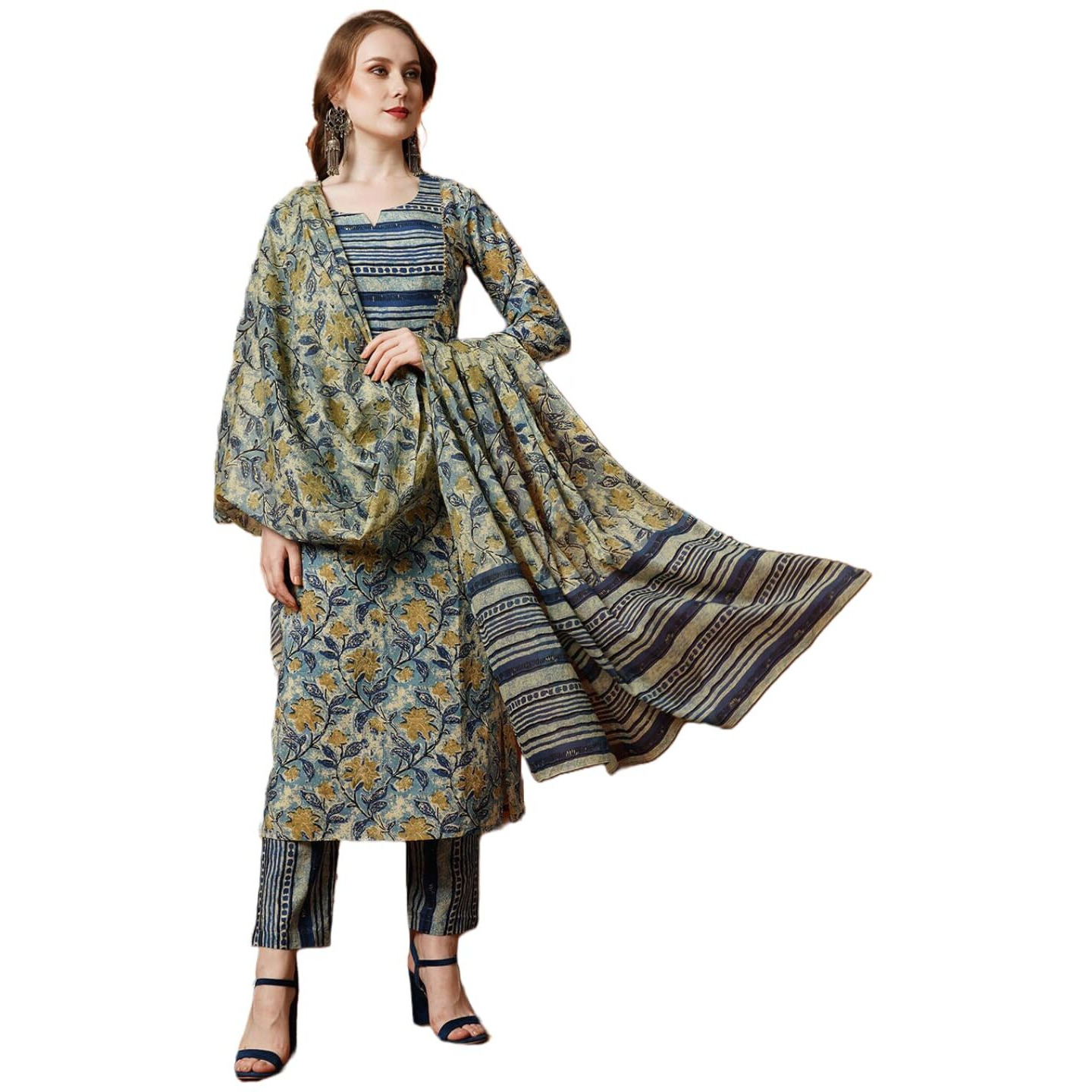 Gosriki Women's Cotton Blend Printed Straight Kurta With Pant & Dupatta (Bigi Blue-Gs_Xxl_Blue_Xx-Large)