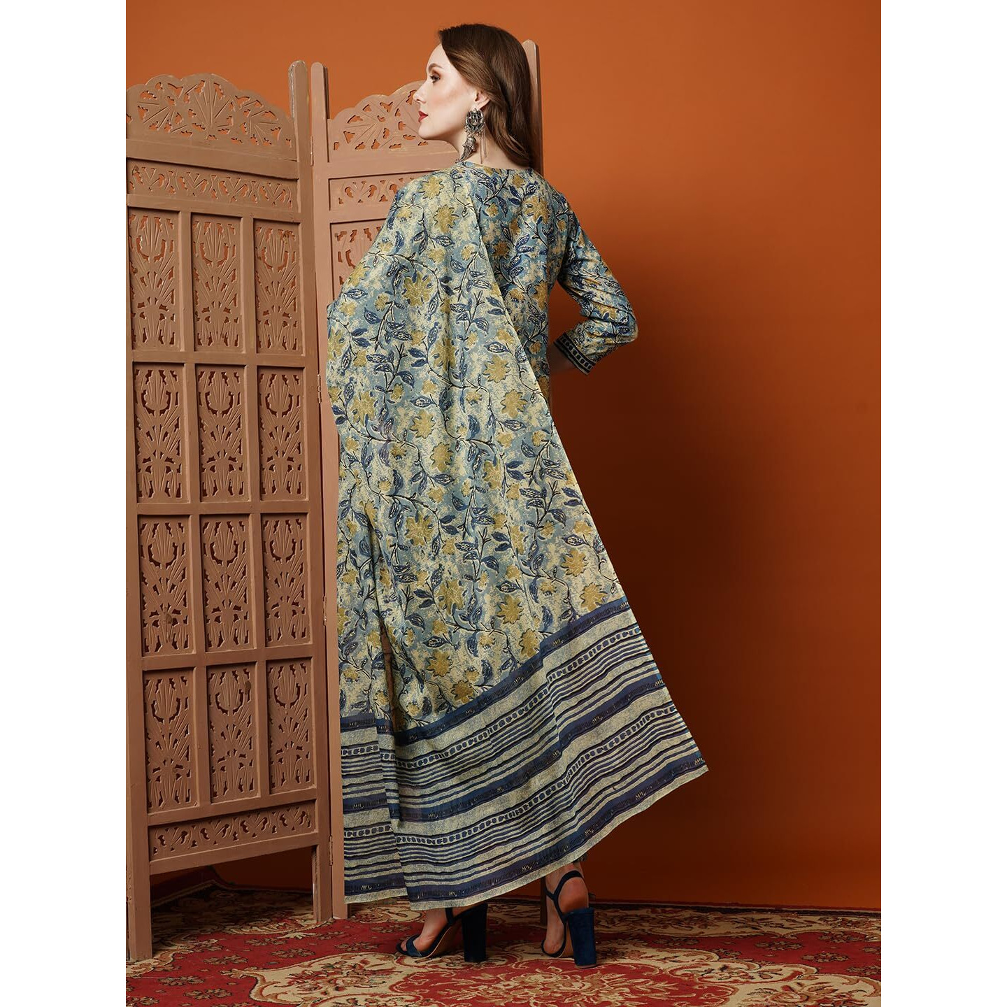 Gosriki Women's Cotton Blend Printed Straight Kurta With Pant & Dupatta (Bigi Blue-Gs_Xxl_Blue_Xx-Large)