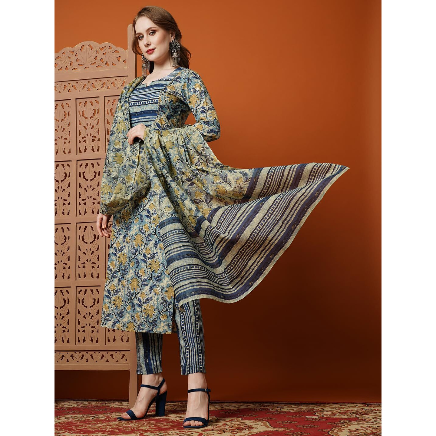 Gosriki Women's Cotton Blend Printed Straight Kurta With Pant & Dupatta (Bigi Blue-Gs_Xxl_Blue_Xx-Large)