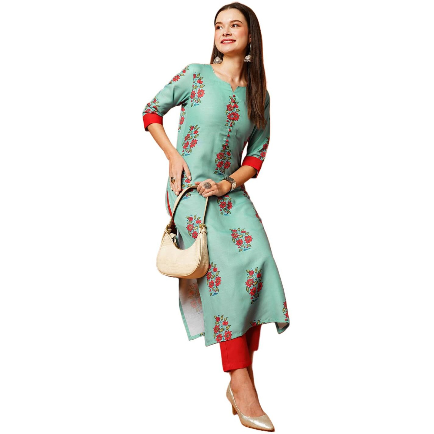 Gosriki Women's Cotton Blend Printed Straight Kurta With Pant (Nazia Green-Gs_Xxl_Green_Xx-Large)