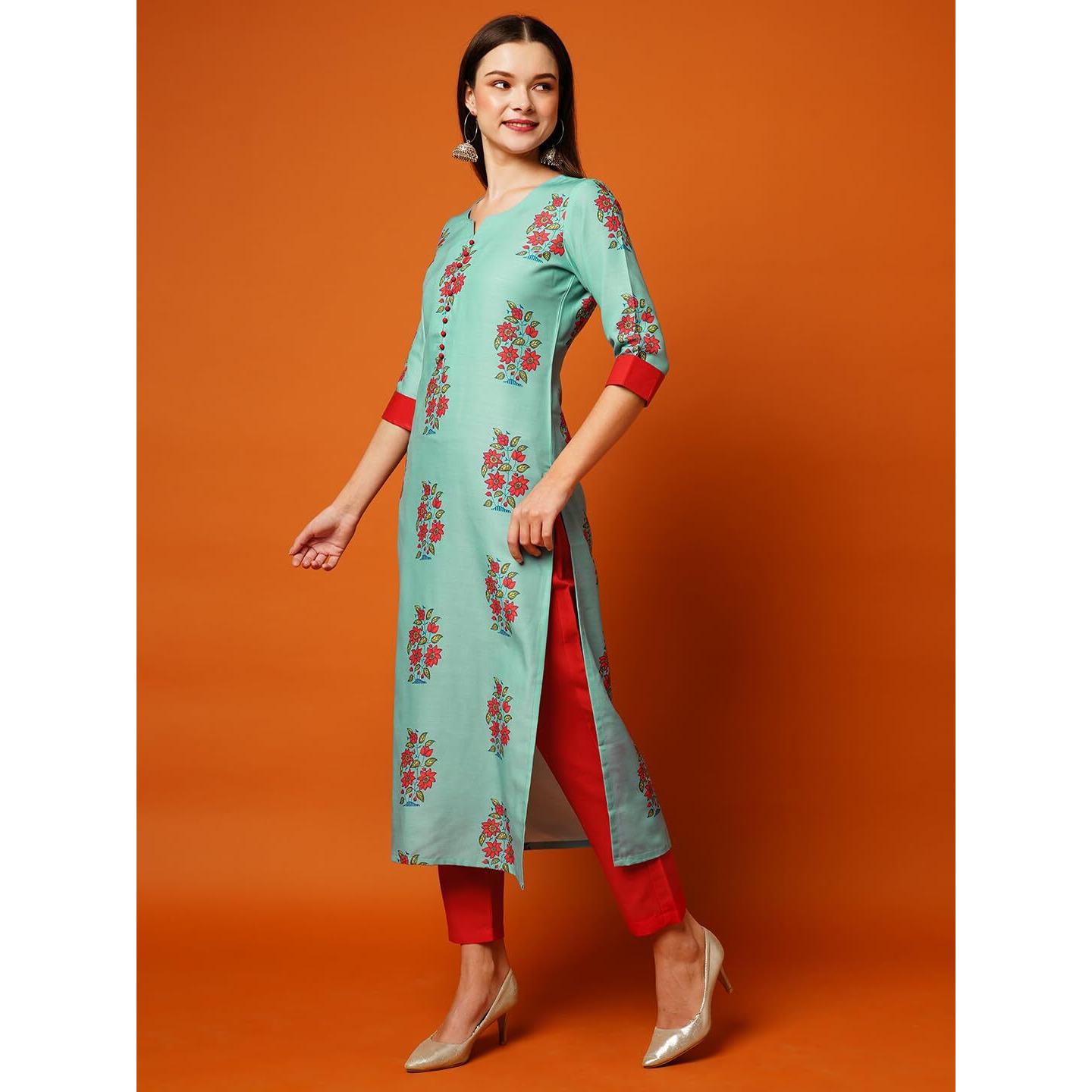 Gosriki Women's Cotton Blend Printed Straight Kurta With Pant (Nazia Green-Gs_Xxl_Green_Xx-Large)