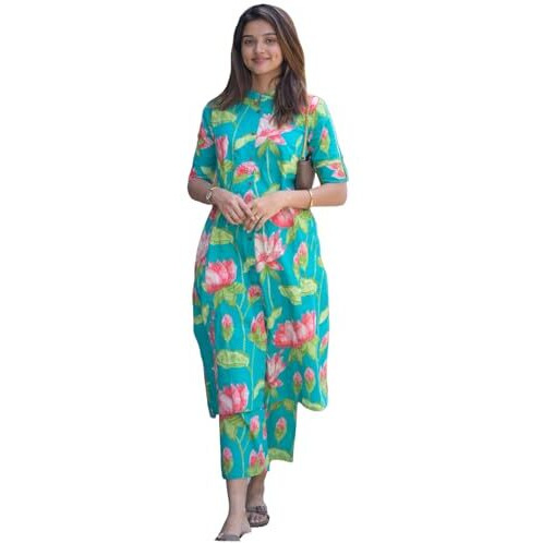 Gosriki Women's Rayon Viscose Straight Printed Kurta With Pant (Ladat Green-Gs_S_Green_Small)