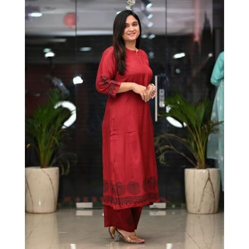 Gosriki Women's Rayon Viscose Straight Printed Kurta With Pant (Ramkund Red-Vks01-Gs_M_Red_Medium)