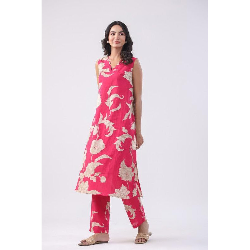 Gosriki Women's Rayon Viscose Straight Printed Kurta With Pant (Teras Pink-Vks01-Gs_S_Pink_Small)