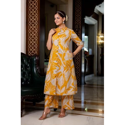 Gosriki Women's Rayon Viscose Straight Printed Kurta With Palazzo (Diboli Yellow-Gs_M_Yellow_Medium)