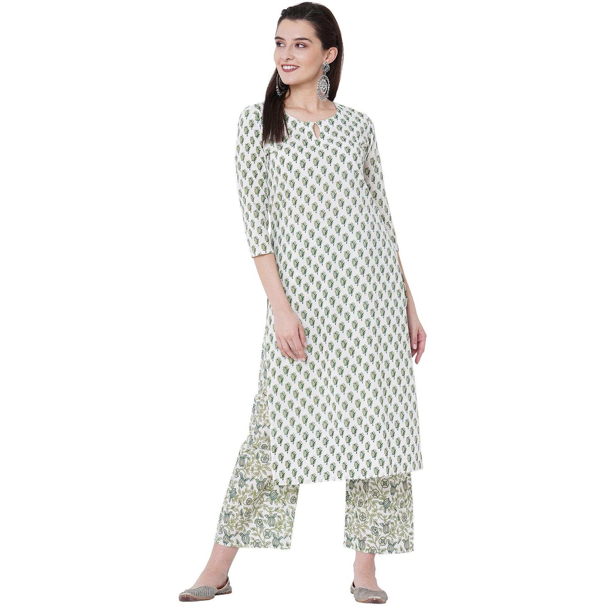 Gosriki Women's Cotton Straight Kurta With Palazzo (Epsha White_M_White_Medium)