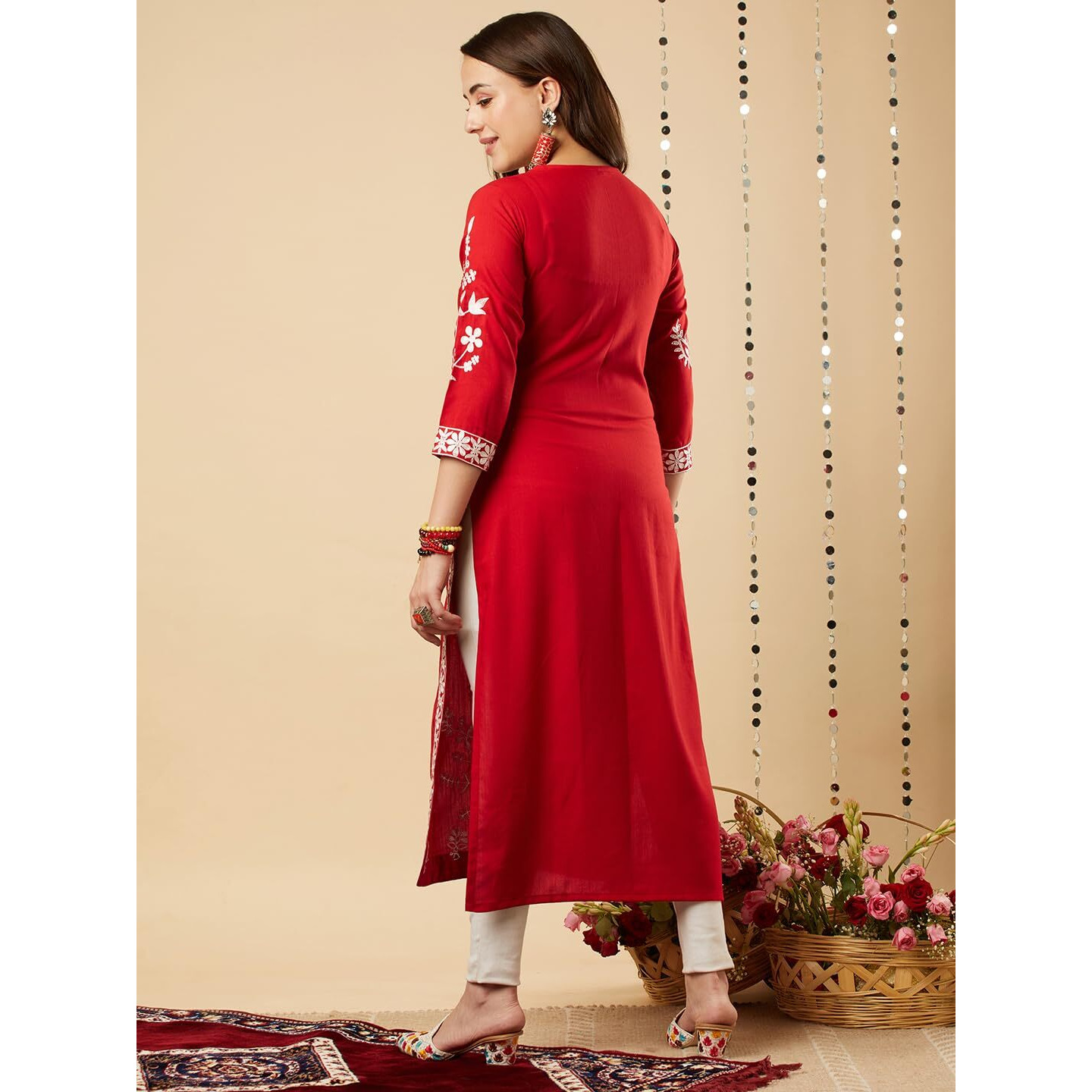 Gosriki Women's Cotton Blend Chikankari Embroidered Straight Kurta (Pot Red-Nwe-Gs_S_Red_Small)
