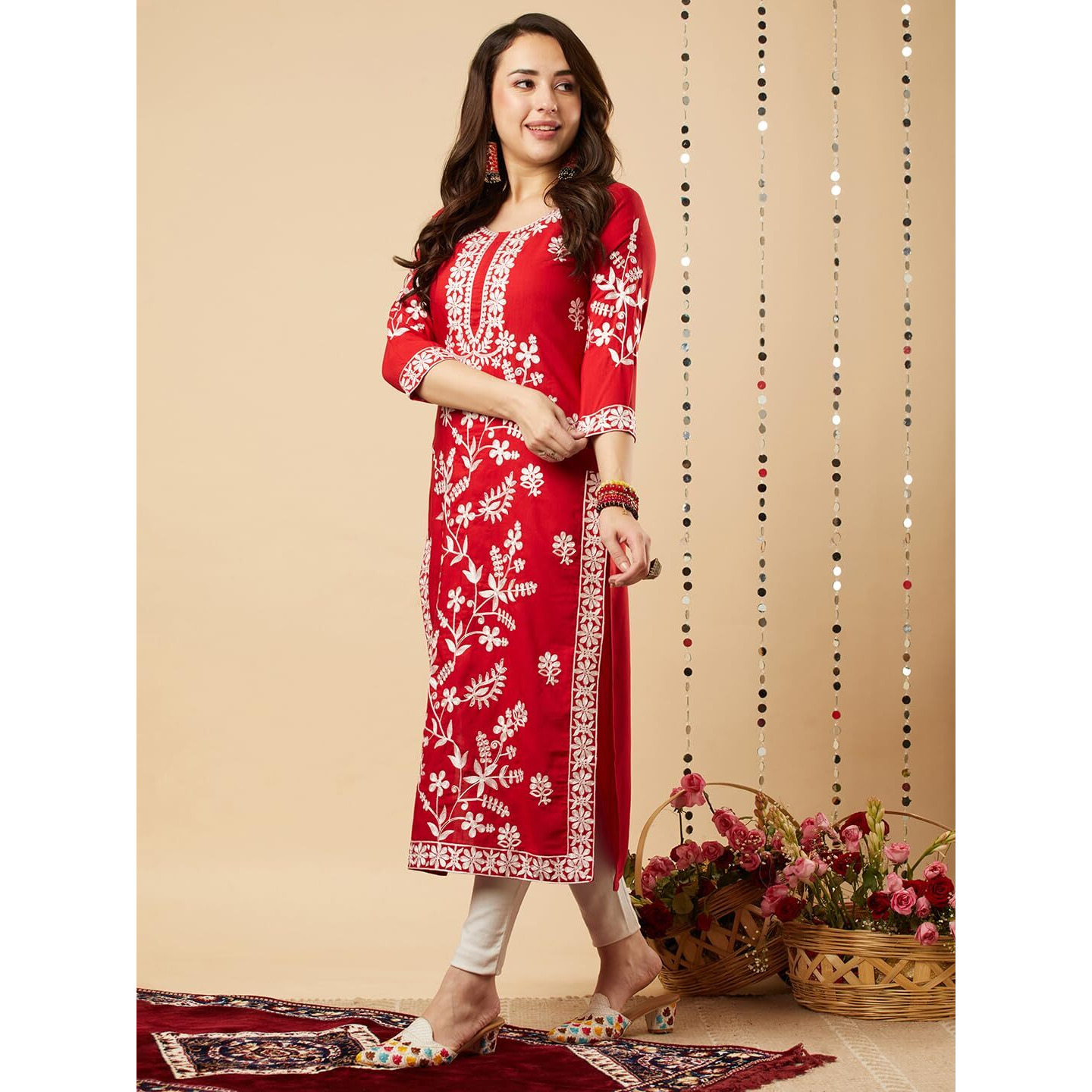 Gosriki Women's Cotton Blend Chikankari Embroidered Straight Kurta (Pot Red-Nwe-Gs_S_Red_Small)