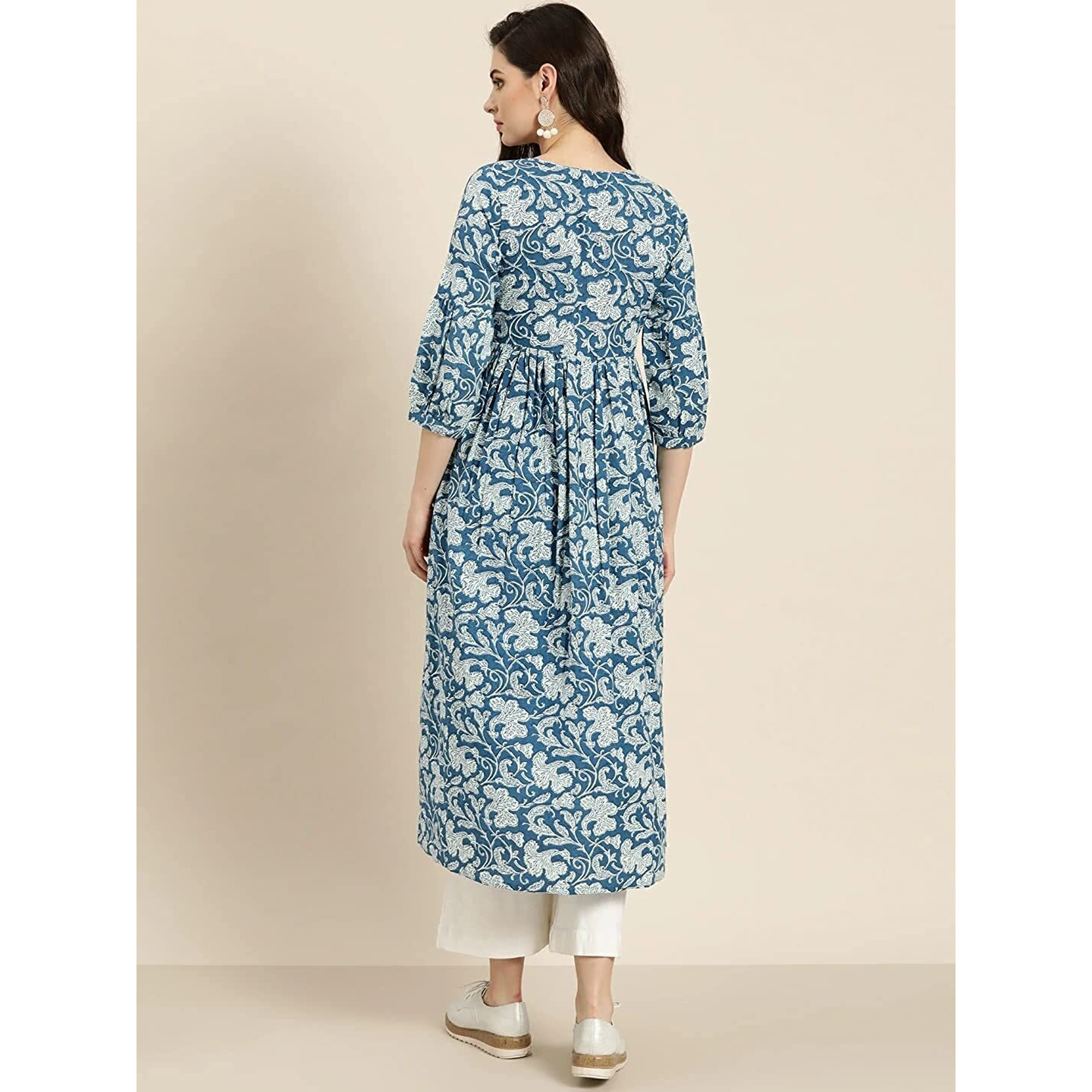 Gosriki Women's Cotton Blend Anarkali Kurta (Fulkali Blue_M-Go_Blue_M-Goedium)