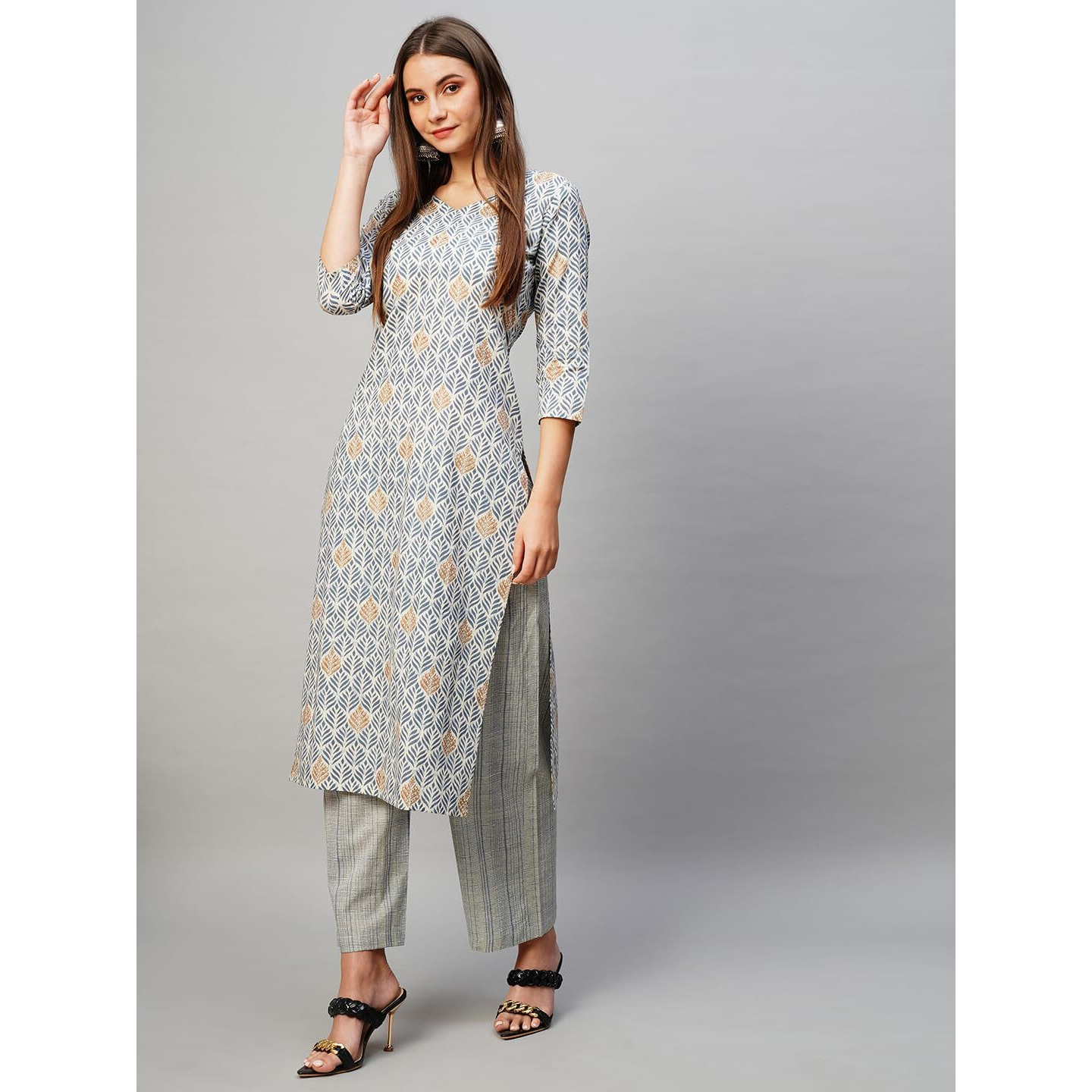 Gosriki Women's Cotton Blend Straight Printed Kurta With Pant (Pat 11 Blue-Gs_Xxl_Blue_Xx-Large)