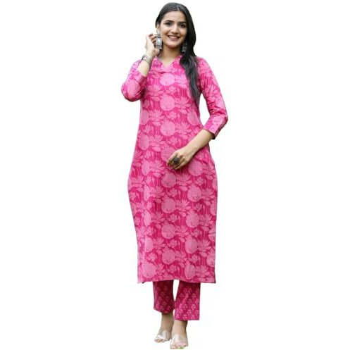 Gosriki Women's Cotton Blend Straight Printed Kurta With Pant (Chandar Pink-Gs_Xxl_Pink_Xx-Large)