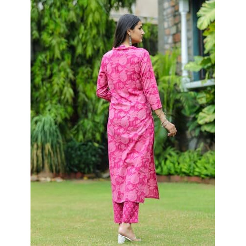 Gosriki Women's Cotton Blend Straight Printed Kurta With Pant (Chandar Pink-Gs_Xxl_Pink_Xx-Large)