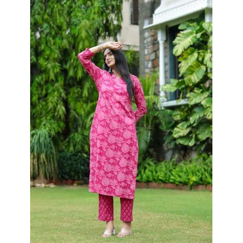 Gosriki Women's Cotton Blend Straight Printed Kurta With Pant (Chandar Pink-Gs_Xxl_Pink_Xx-Large)