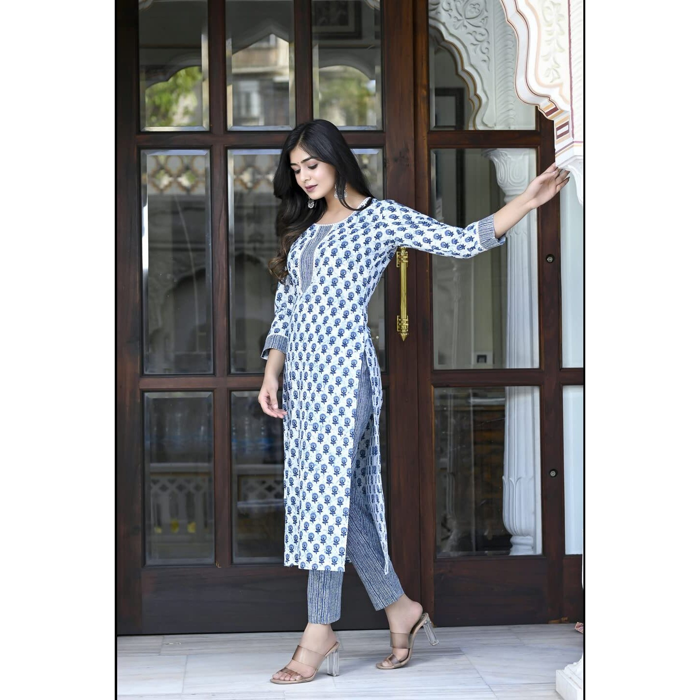 Gosriki Women's Cotton Blend Straight Printed Kurta With Pant Set (Bitiya Blue-Cmd-Gs_Xxl_Blue_Xx-Large)