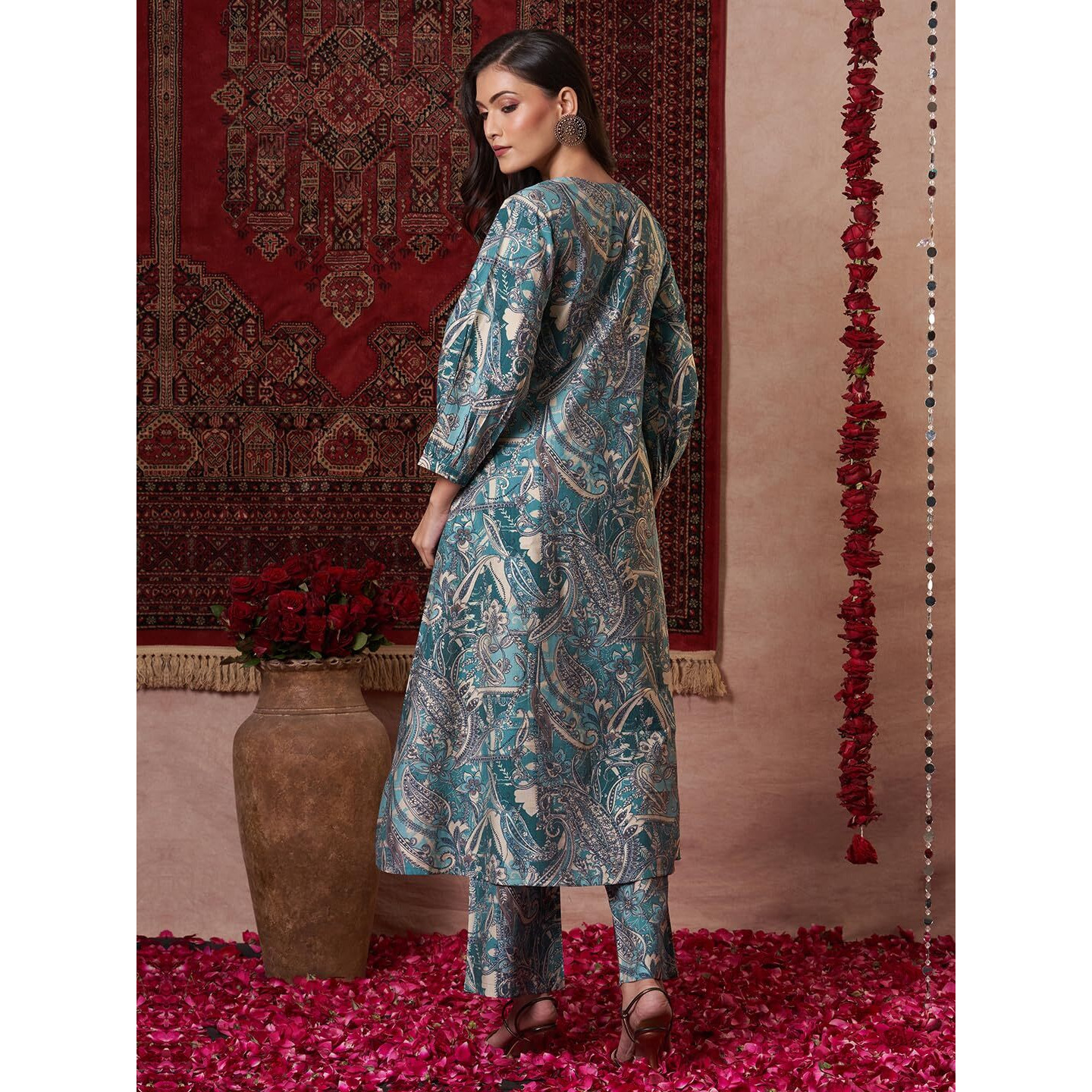 Gosriki Women's Rayon Blend Anarkali Printed Kurta With Palazzo (Marco Teal-Vks01-Gs_Xl_Teal Blue_X-Large)