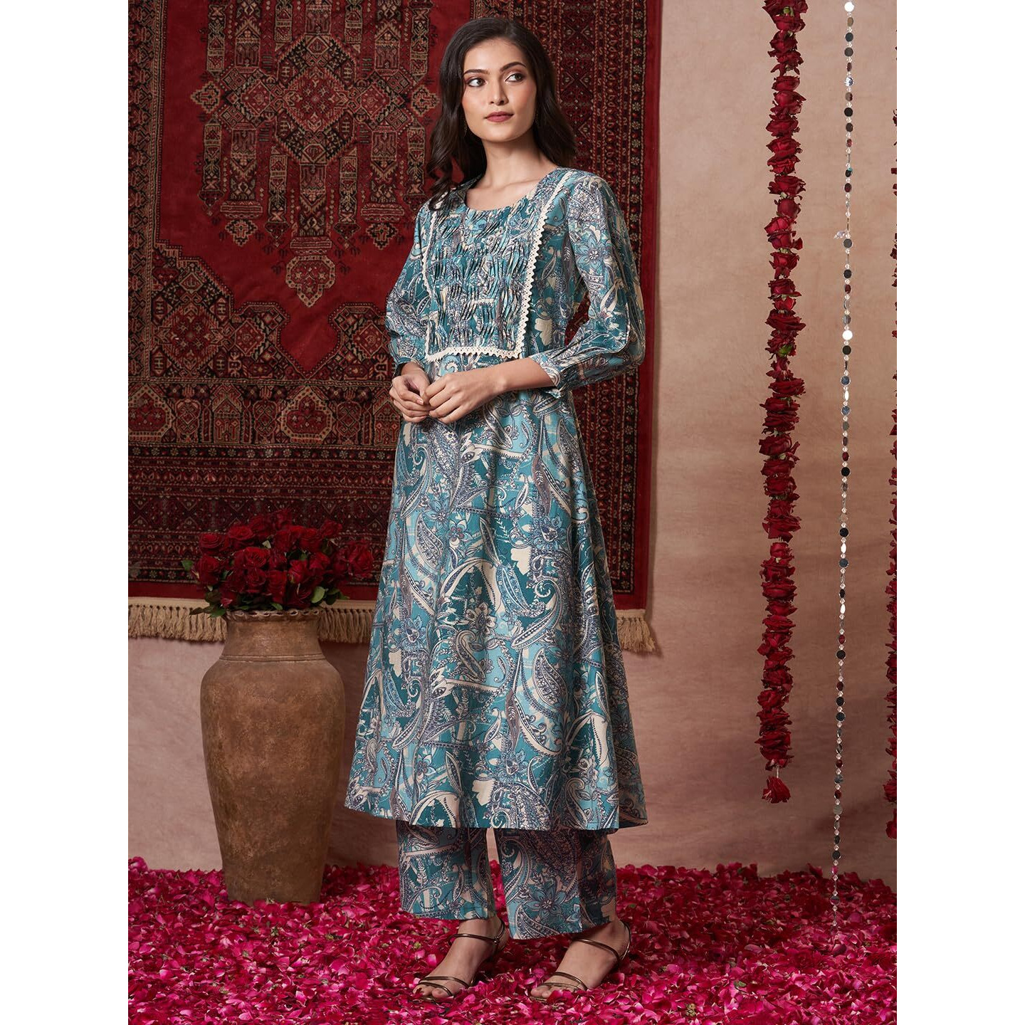 Gosriki Women's Rayon Blend Anarkali Printed Kurta With Palazzo (Marco Teal-Vks01-Gs_Xl_Teal Blue_X-Large)