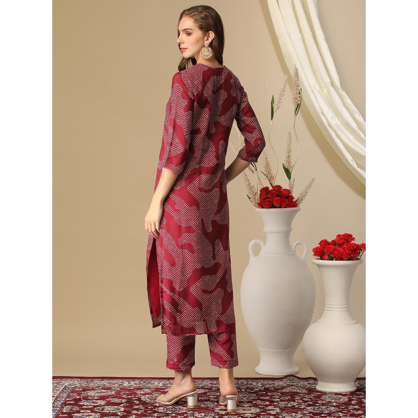 Gosriki Women's Cotton Blend Straight Printed Kurta With Pant (Neam Maroon-Nw-Gs_Xl_Maroon_X-Large)