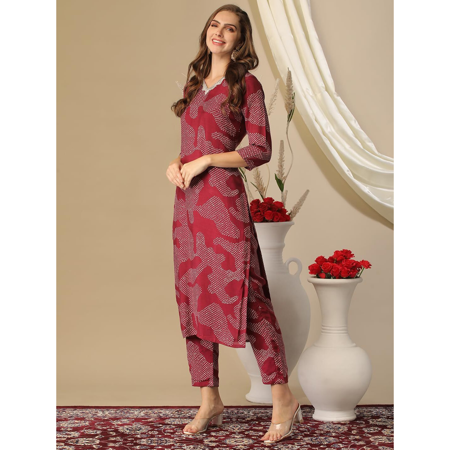 Gosriki Women's Cotton Blend Straight Printed Kurta With Pant (Neam Maroon-Nw-Gs_Xl_Maroon_X-Large)