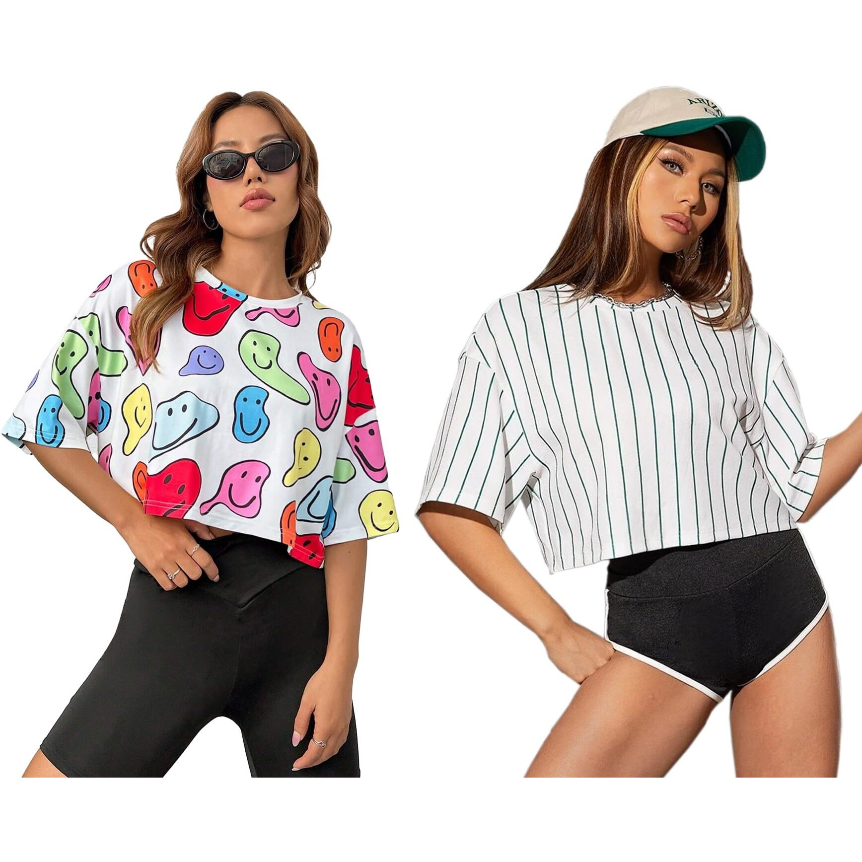 Toplot Women's Casual Printed Crop Top With Half Sleeve Pack Of 2 (Combo-5098-Wht-Mlt-Xs)