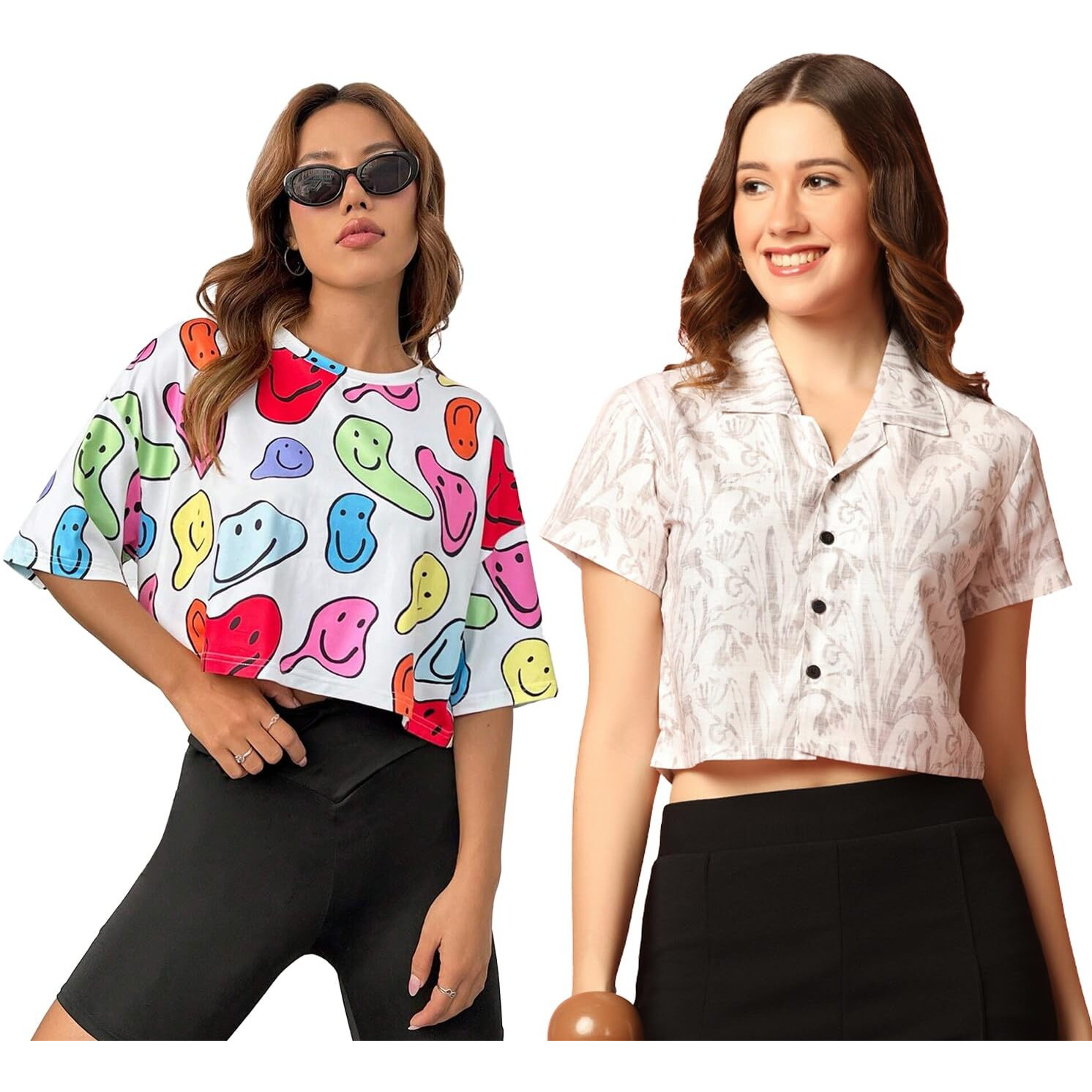 Toplot Women's Casual Printed Crop Top With Short Sleeve Pack Of 2 (Combo-5135-Wht-Mlt-Xl)