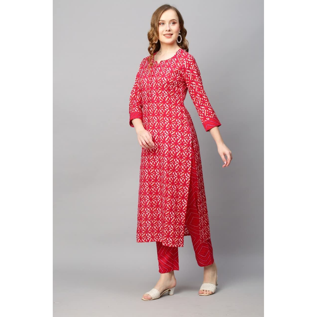 Gosriki Women's Cotton Blend Straight Printed Kurta With Pant (Dravini Red_S-Go_Red_Small)