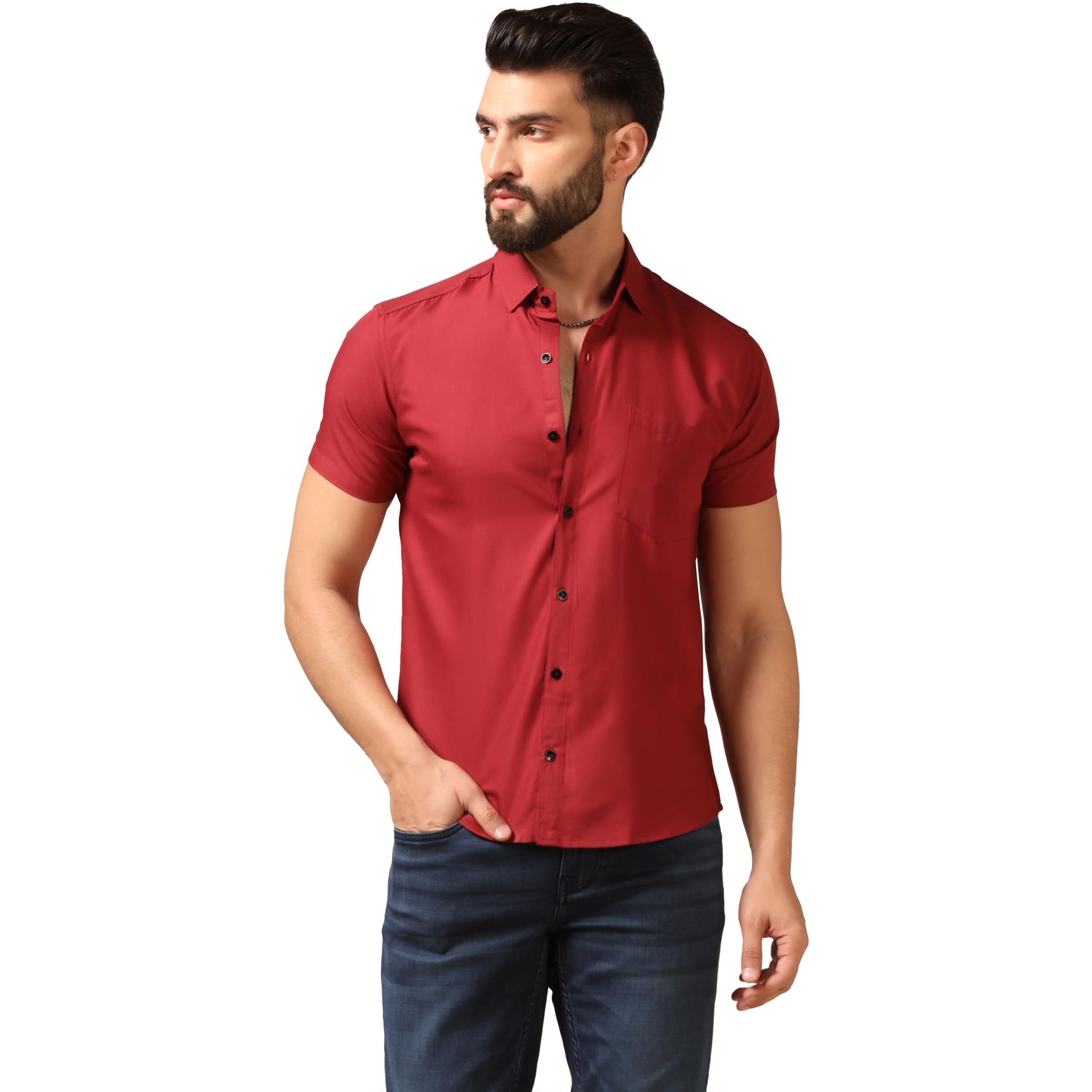 Toplot Men's Regular Fit Solid Casual Shirt With Pocket Design With Spread Collar & Half Sleeves (Half-Pocket-5179-Maroon-L)