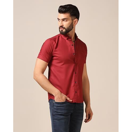 Toplot Men's Regular Fit Solid Casual Shirt With Pocket Design With Spread Collar & Half Sleeves (Half-Pocket-5179-Maroon-L)