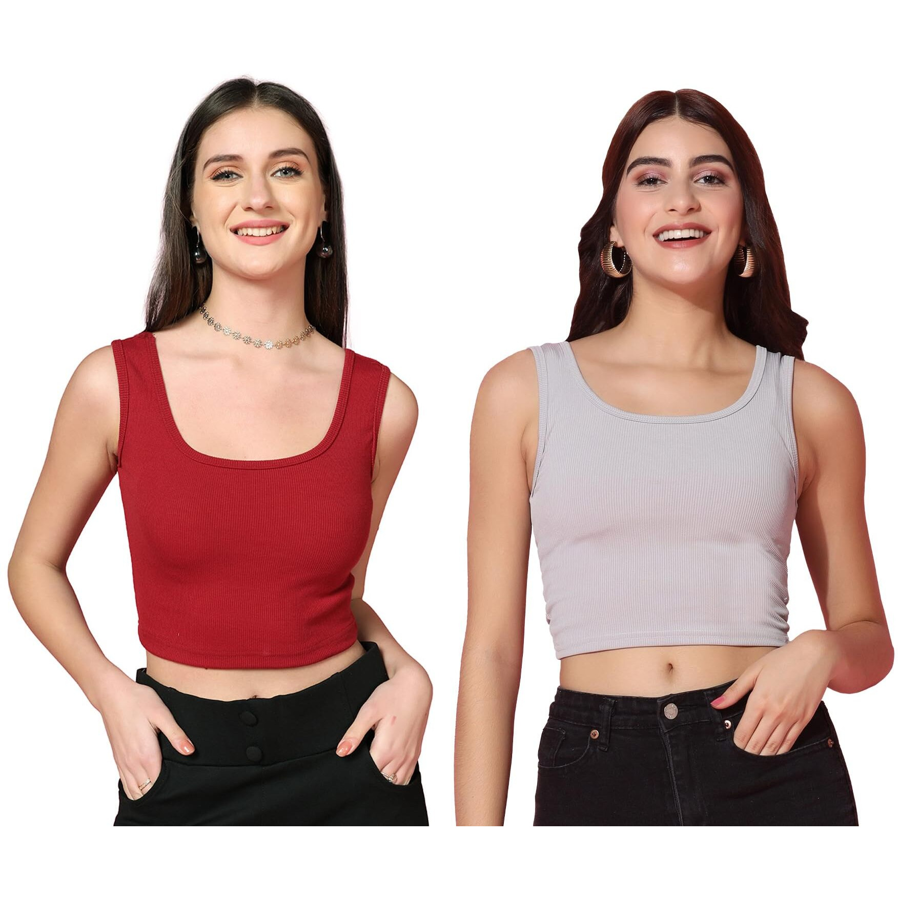 Toplot Women's Combo Solid Ribbed Scoop Neck Sleeveless Slim Fit Tank Top Pack Of 2 (Combo-5069-Gry-Mrn-L)