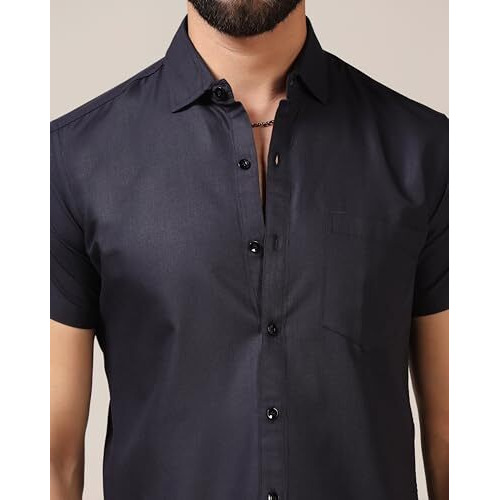 Toplot Men's Regular Fit Solid Casual Shirt With Pocket Design With Spread Collar & Half Sleeves (Half-Pocket-5179-Navy-Xxl)