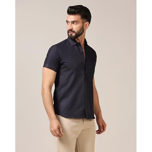 Toplot Men's Regular Fit Solid Casual Shirt With Pocket Design With Spread Collar & Half Sleeves (Half-Pocket-5179-Navy-Xxl)