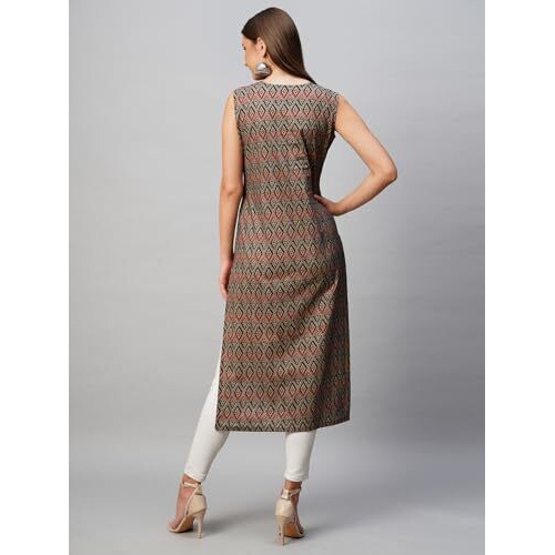 Gosriki Women's Cotton Blend Straight Printed Kurti (Ranchi Brown-Gs_Xl_Brown_X-Large)