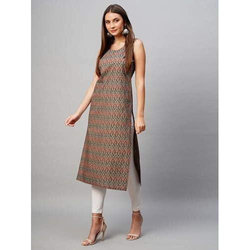 Gosriki Women's Cotton Blend Straight Printed Kurti (Ranchi Brown-Gs_Xl_Brown_X-Large)