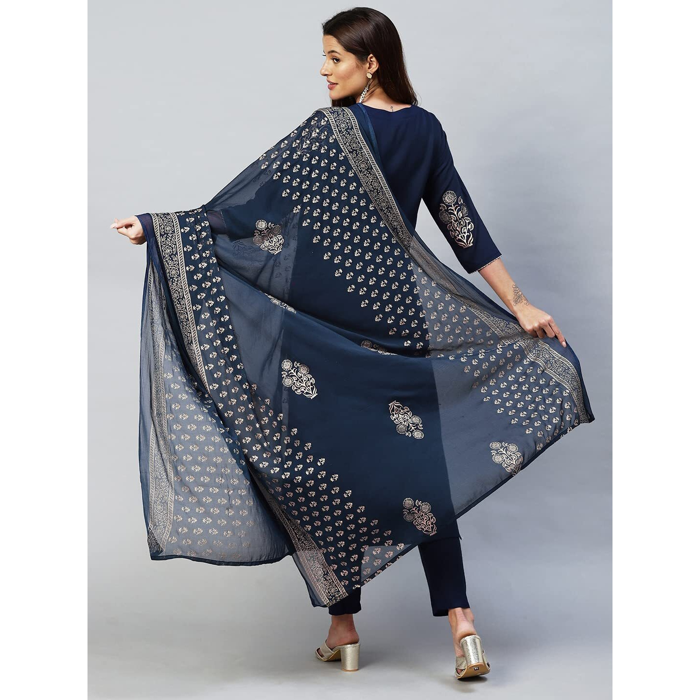 Gosriki Women's Cotton Blend Printed Straight Kurta With Pant & Dupatta (Radhu-Cerosin_M-Gs_Navy Blue_Medium)