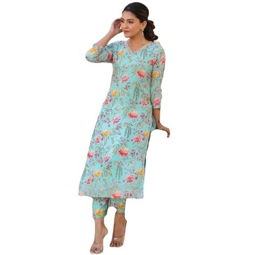 Gosriki Women's Rayon Blend Straight Printed Kurta With Pant (Madikari Green-Nw-Gs_M_Green_Medium)