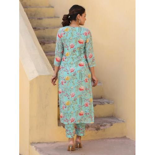 Gosriki Women's Rayon Blend Straight Printed Kurta With Pant (Madikari Green-Nw-Gs_M_Green_Medium)
