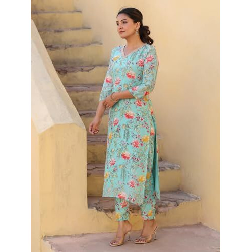 Gosriki Women's Rayon Blend Straight Printed Kurta With Pant (Madikari Green-Nw-Gs_M_Green_Medium)