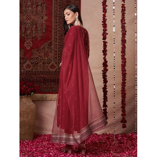 Gosriki Women's Rayon Blend Printed Straight Kurta With Pant & Dupatta (Toxic Red-Vks01-Gs_L_Red_Large)