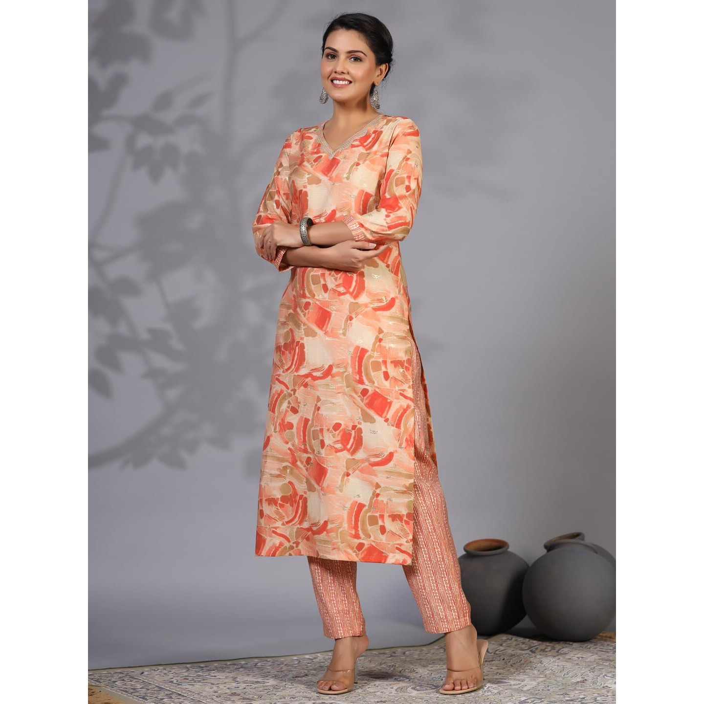 Gosriki Women's Rayon Blend Straight Printed Kurta With Pant (Nissu Orange-Gs_S_Orange_Small)