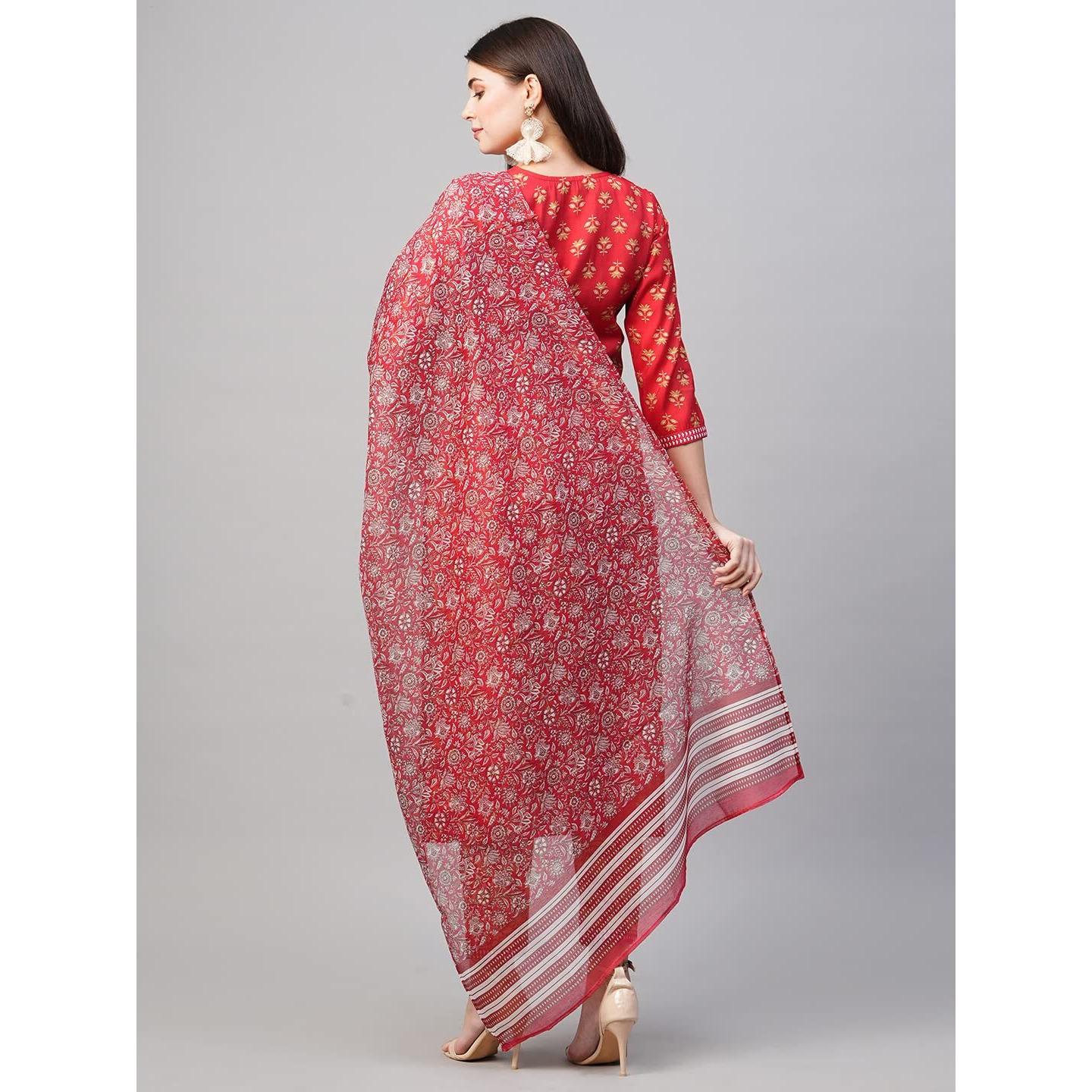 Gosriki Women's Cotton Blend Printed Straight Kurta With Pant & Dupatta (Tasya Red-Nw-Gs_S_Red_Small)