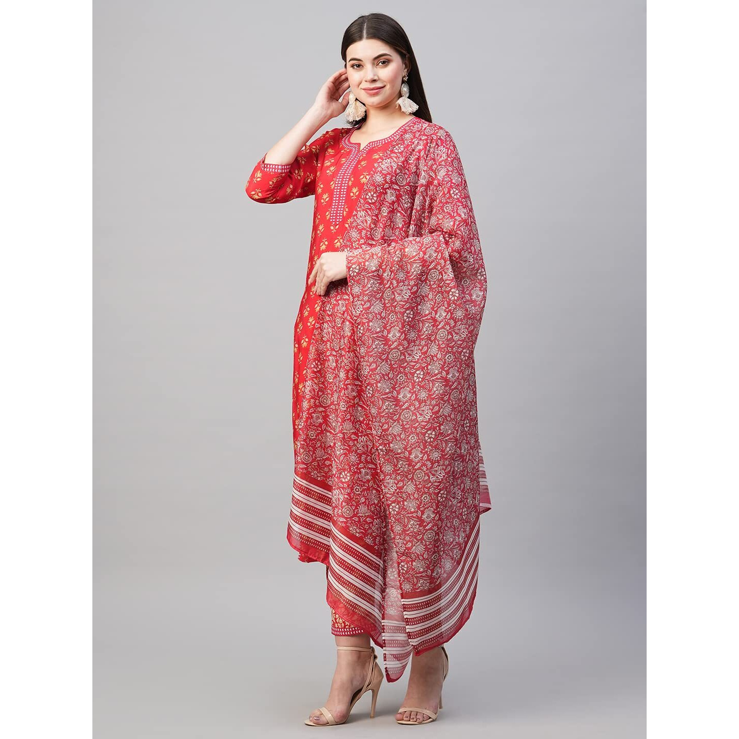 Gosriki Women's Cotton Blend Printed Straight Kurta With Pant & Dupatta (Tasya Red-Nw-Gs_S_Red_Small)