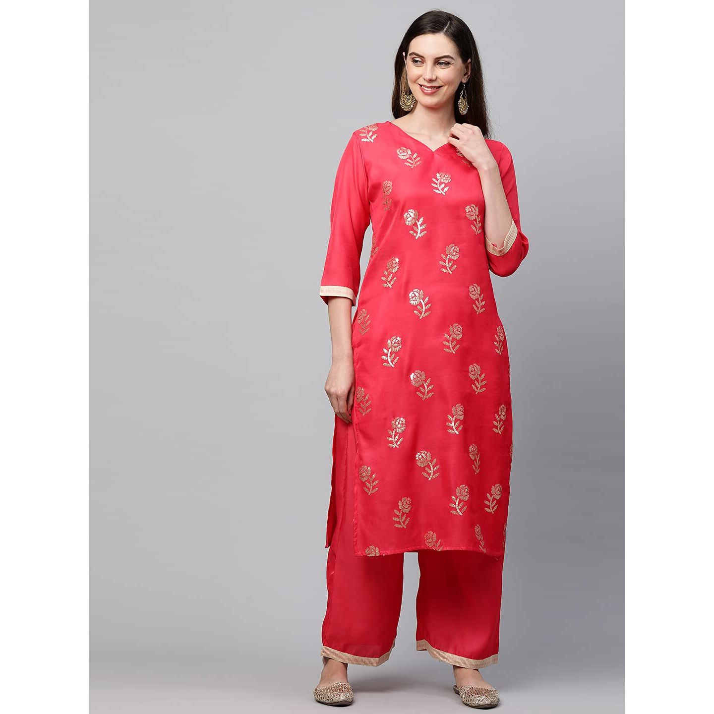 Gosriki Women's Cotton Straight Kurta With Palazzo (Kpz-Cot-10005-Red_S-Go_Red_Small)