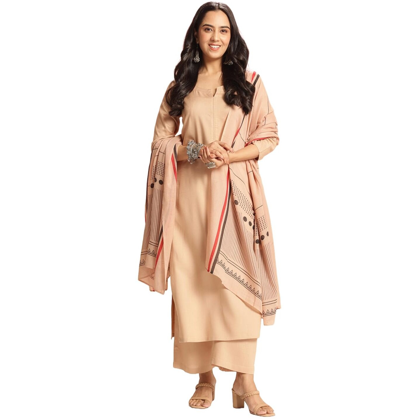 Gosriki Women's Rayon Viscose Solid Straight Kurta With Pant & Dupatta (Raja Saab Beige-Vks08-Gs_S_Beige_Small)