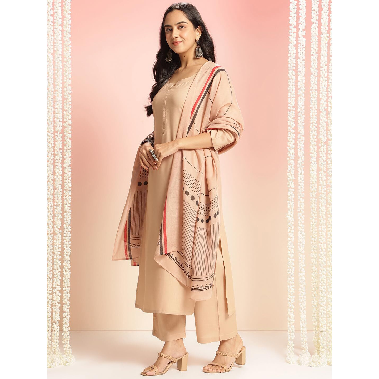 Gosriki Women's Rayon Viscose Solid Straight Kurta With Pant & Dupatta (Raja Saab Beige-Vks08-Gs_S_Beige_Small)