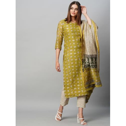 Gosriki Women's Chanderi Cotton Straight Printed Kurta With Pant & Dupatta (Stamp Green-Gs_S_Green_Small)