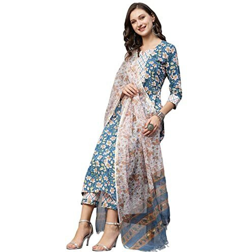 Gosriki Women's Cotton Blend Straight Printed Kurta With Pant & Dupatta (Kuntu Blue-Gs_4Xl_Blue_Xxxx-Large)